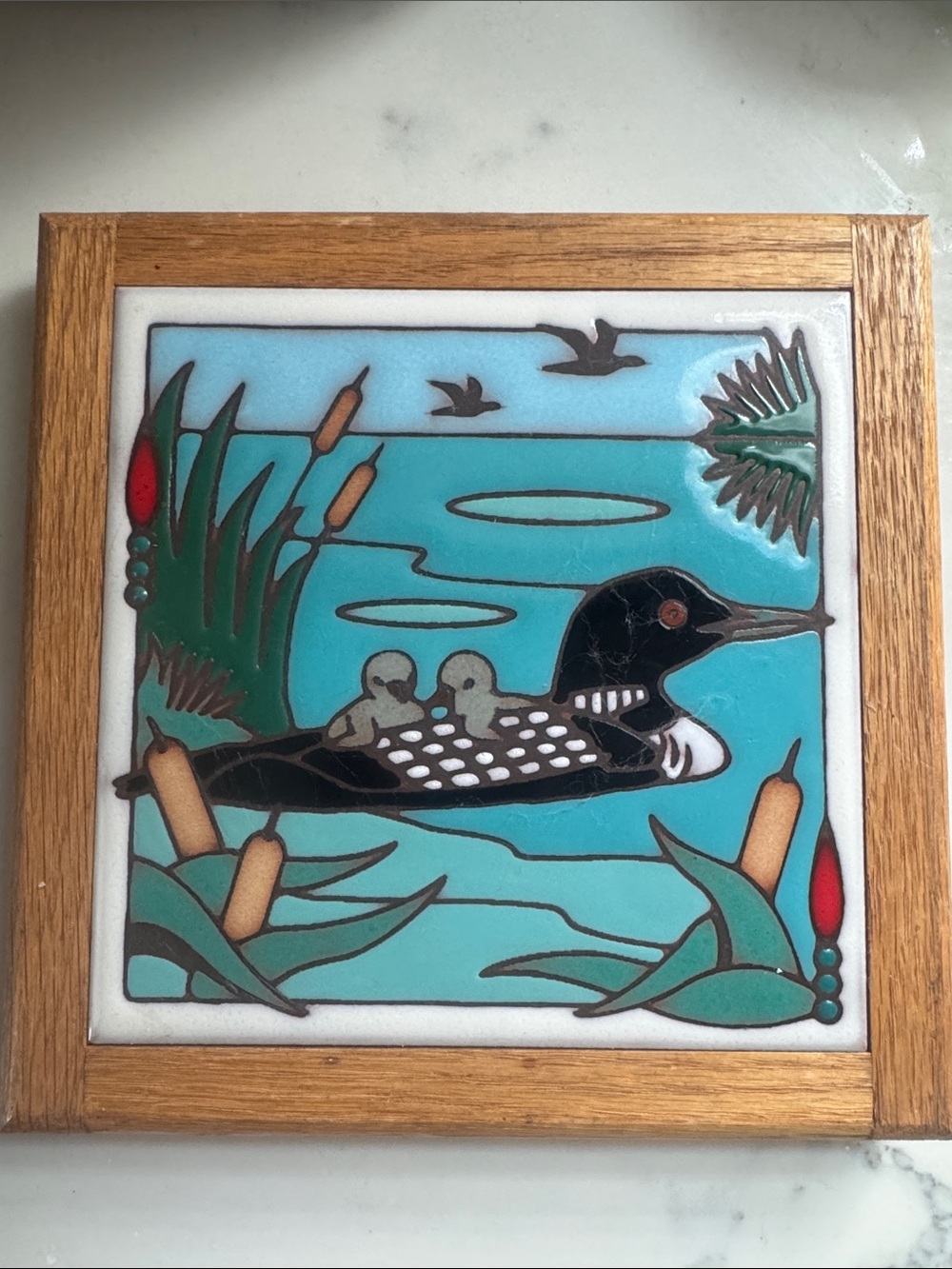 Handmade Loon Ceramic Tile Trivet Art with Wooden Frame - Picture 3 of 4